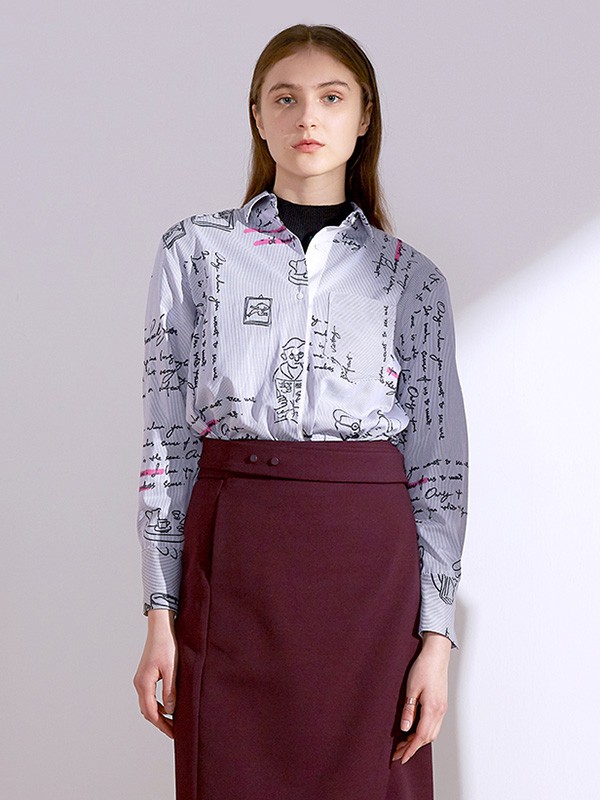 梵凯女装2020秋冬季浅蓝色印花衬衫