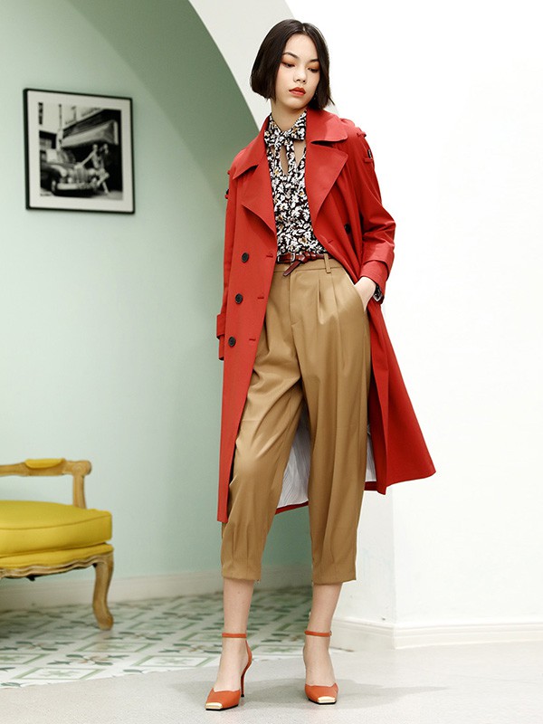 梵凯女装2020秋冬季红色长款风衣