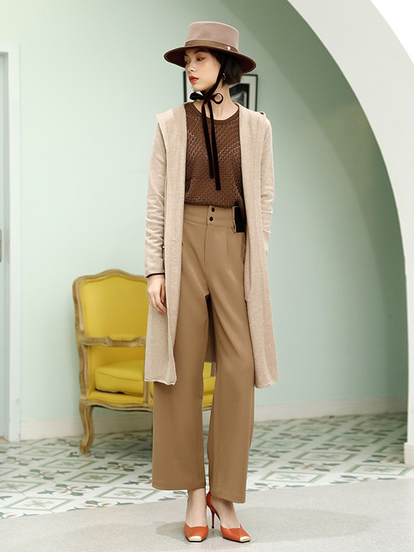 梵凯女装2020秋冬季卡其色长款针织衫