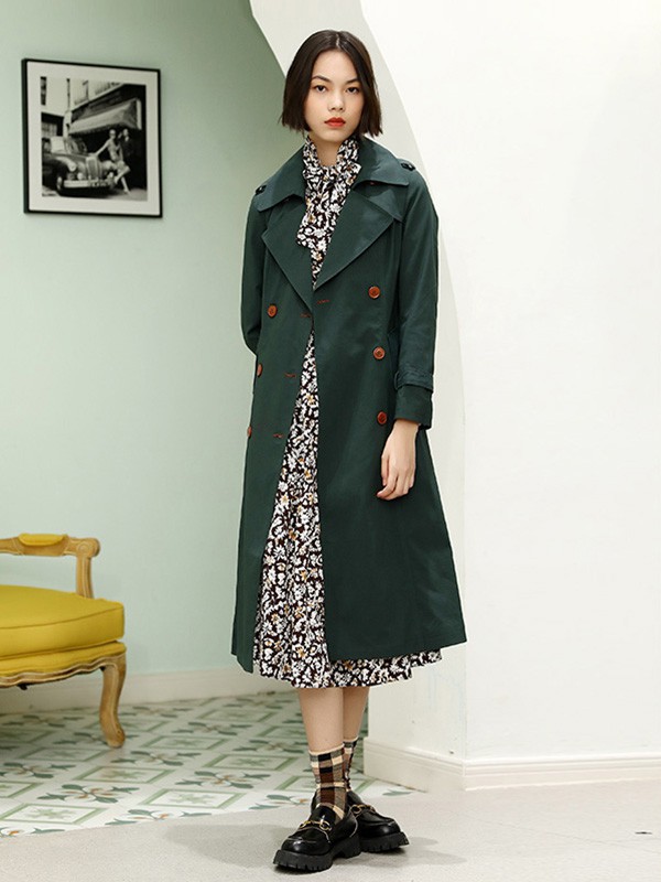梵凯女装2020秋冬季墨绿色长款风衣