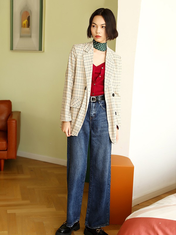 梵凯女装2020秋冬季杏色格子西装