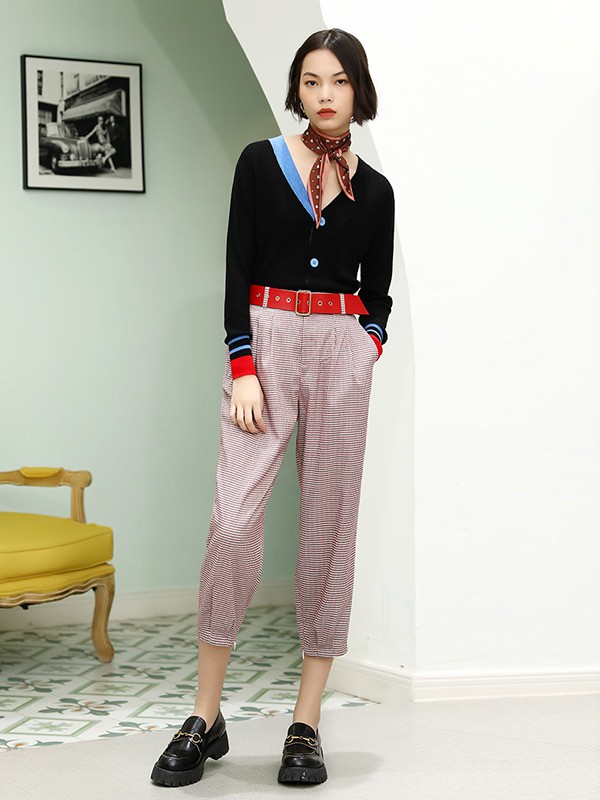 梵凯女装2020秋冬季黑色撞色针织衫