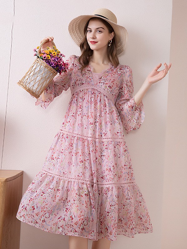 郁香菲2020秋冬季粉色印花连衣裙