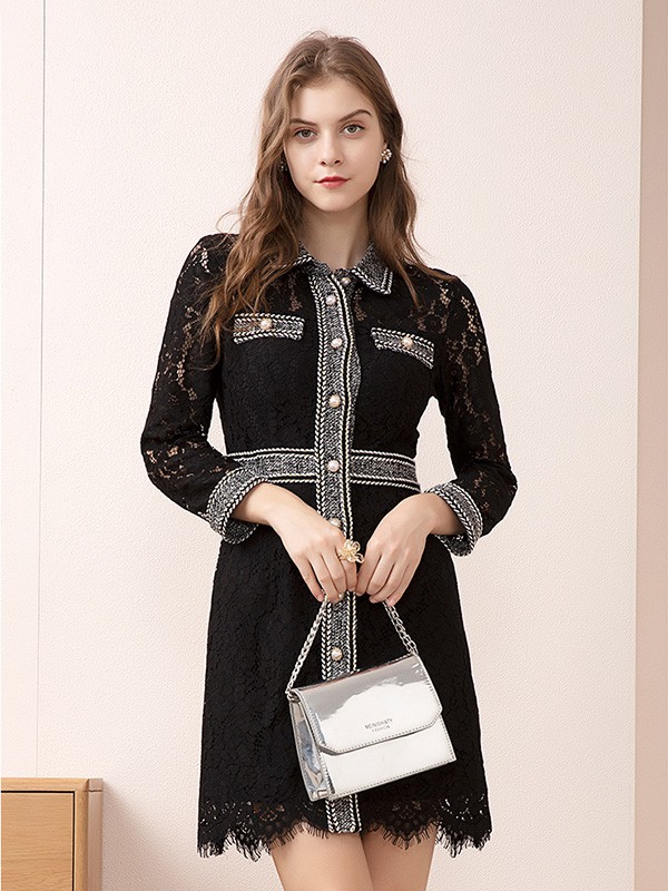 郁香菲2020秋冬季黑色纱网连衣裙