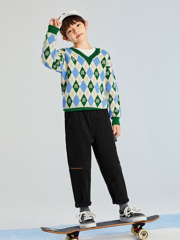 MiniPeace2020秋冬季绿色几何毛衣