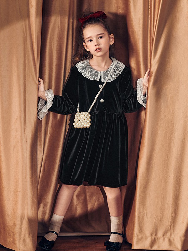 MiniPeace童装2020秋冬季黑色荷叶边连衣裙