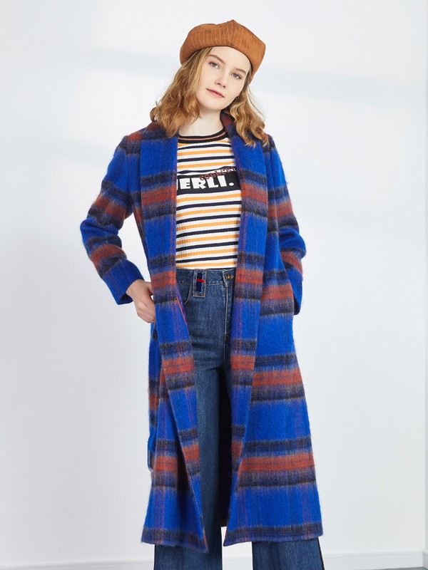 斯尔丽女装2020秋冬季蓝色条纹大衣