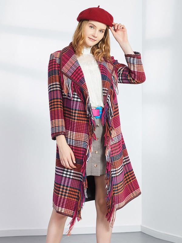 斯尔丽2020秋冬季红色格子大衣