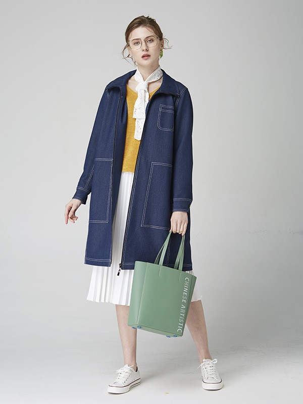 墨曲2020秋冬季藏蓝色长款外套