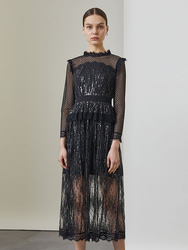 红凯贝尔2020秋冬季黑色纱网连衣裙