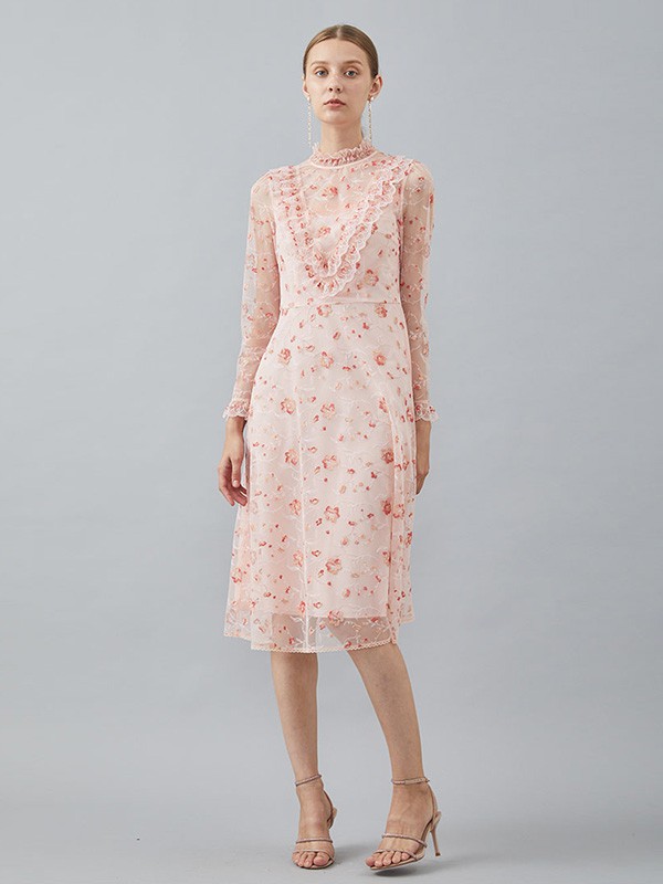 红凯贝尔2020秋冬季粉色纱网连衣裙