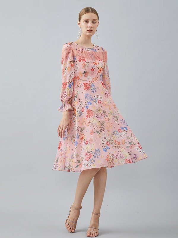 红凯贝尔2020秋冬季粉色印花连衣裙