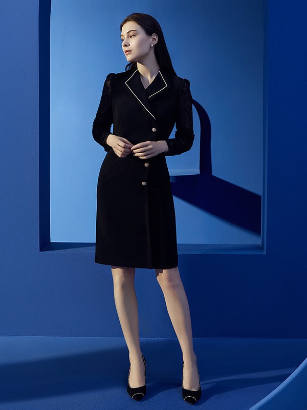 歌中歌2020秋冬季黑色收腰连衣裙
