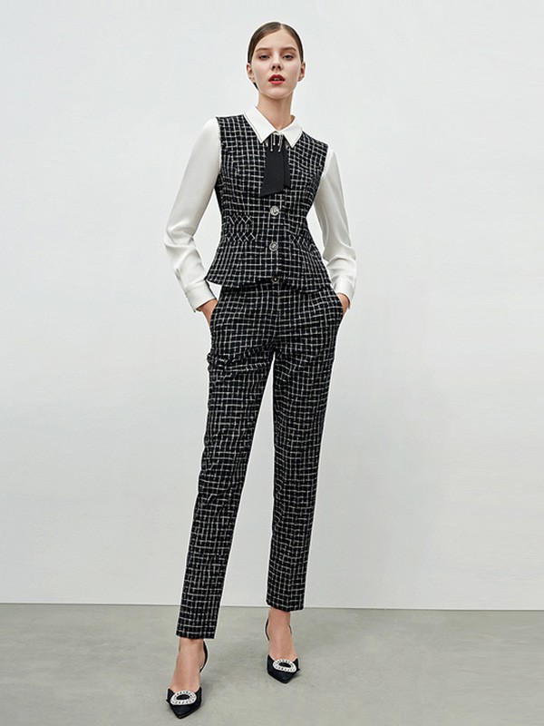 歌中歌2020秋冬季黑色格子长裤