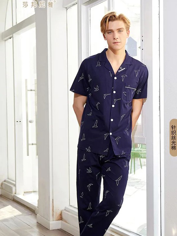 莎邦尼雅2020春夏季藏蓝色印花睡衣套装