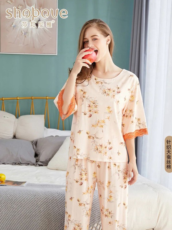 莎邦尼雅2020春夏季米色碎花睡衣套装