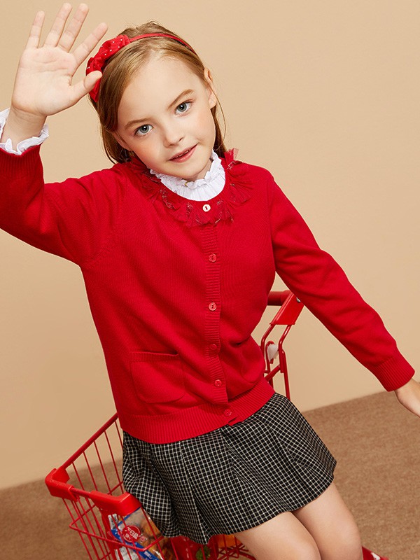 加比瑞童装2020秋冬季红色纯色针织衫