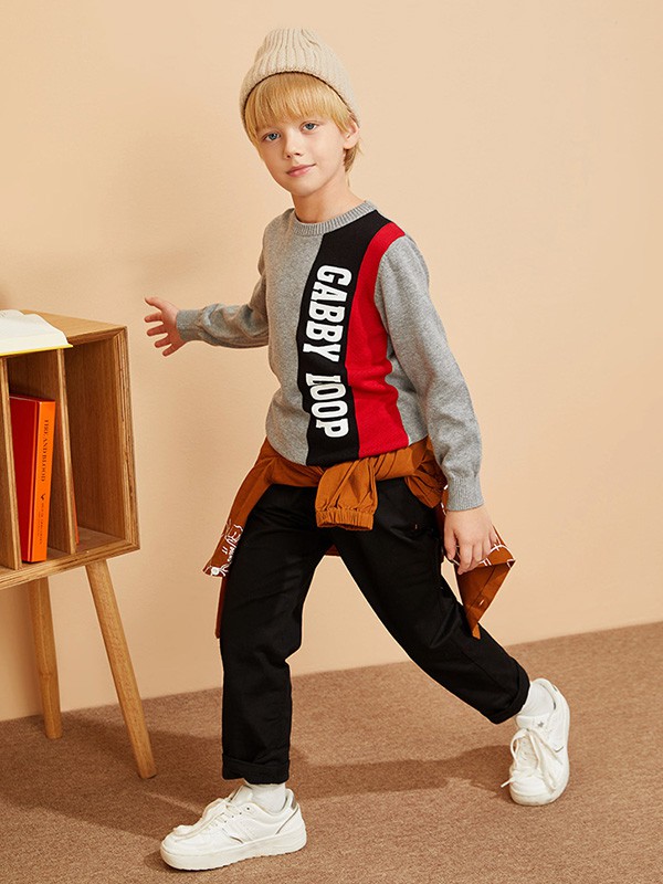 加比瑞童装2020秋冬季灰色撞色毛衣