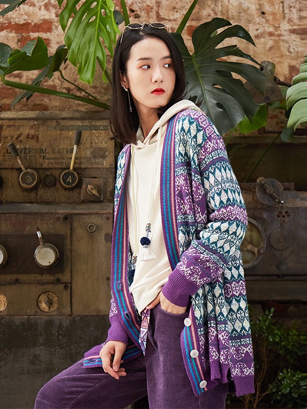 丽迪莎2020秋冬季紫色撞色外套