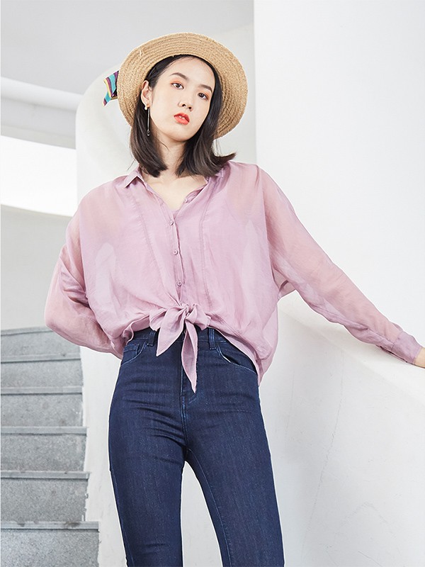 丽迪莎2020秋冬季紫色系带衬衫