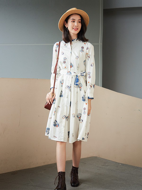 丽迪莎2020秋冬季白色印花连衣裙