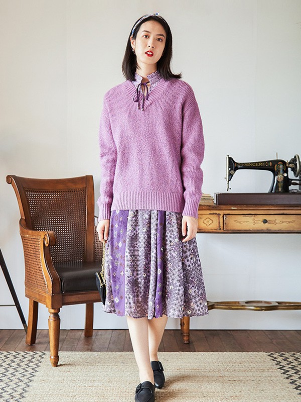 丽迪莎2020秋冬季紫色宽松毛衣