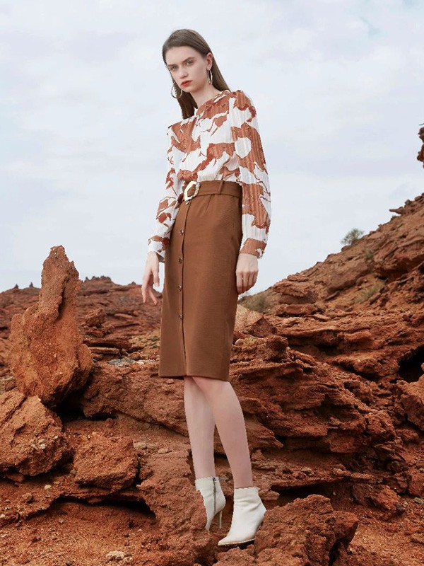 芝仪2020秋冬季咖啡色印花上衣