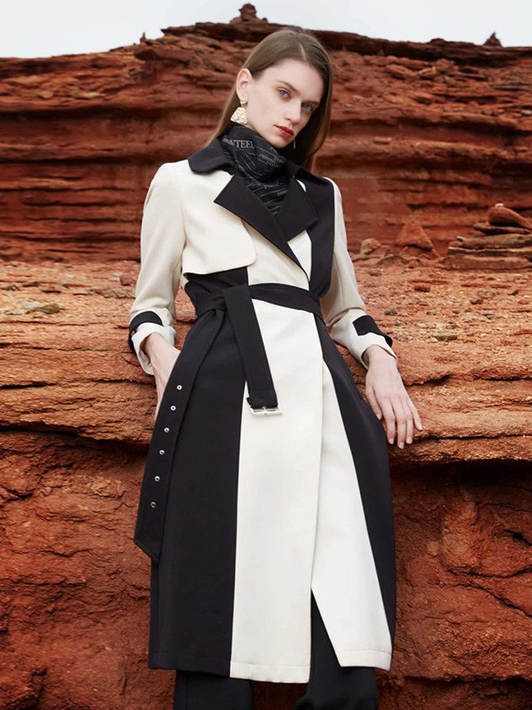 芝仪2020秋冬季拼色长款风衣