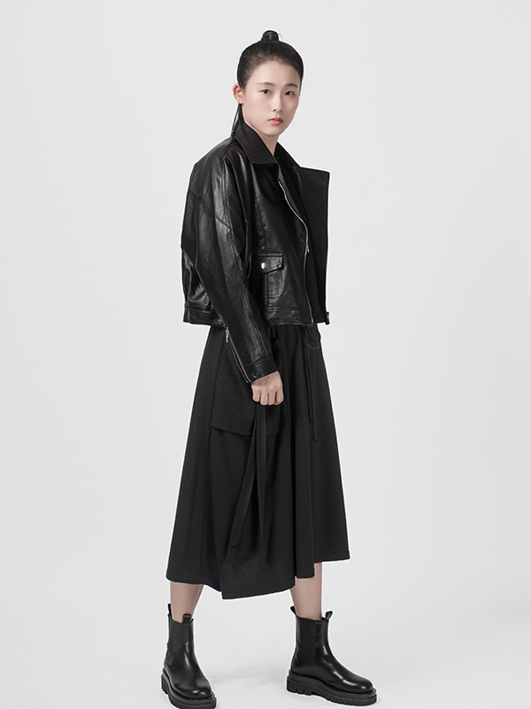 氏伽2020秋冬季黑色亮面皮衣