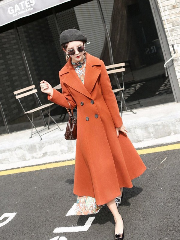 音菲梵2020秋冬季橙色纯色大衣