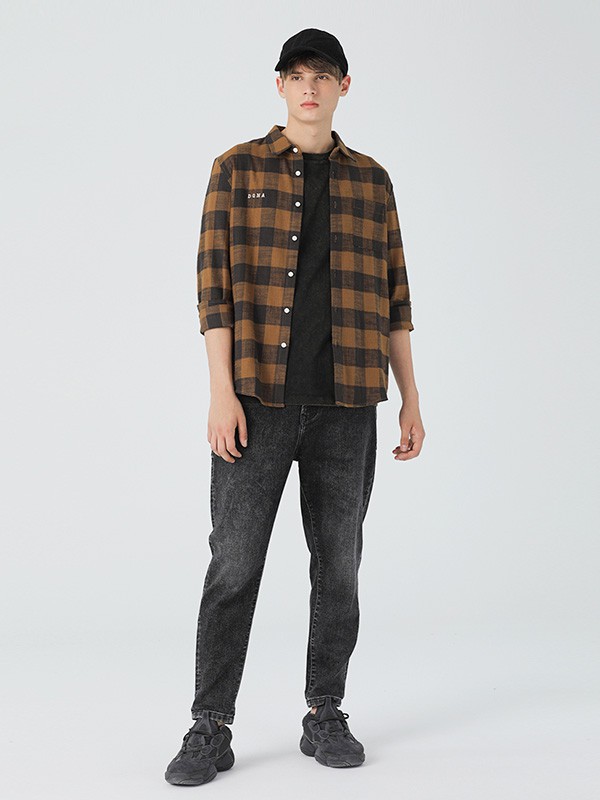 MARKLESS男装2020秋冬季黄色格子衬衫