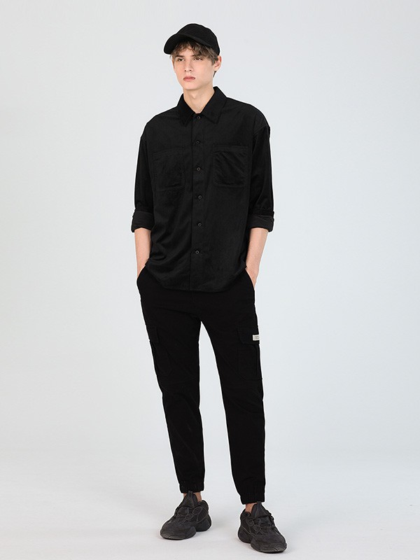 MARKLESS男装2020秋冬季黑色纯色衬衫