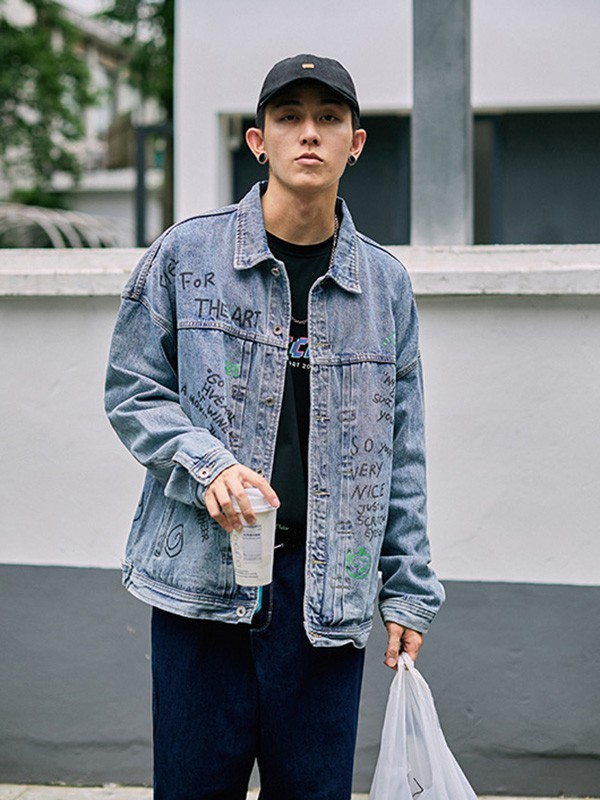 抹茶故事男装2020秋冬季蓝色做旧外套