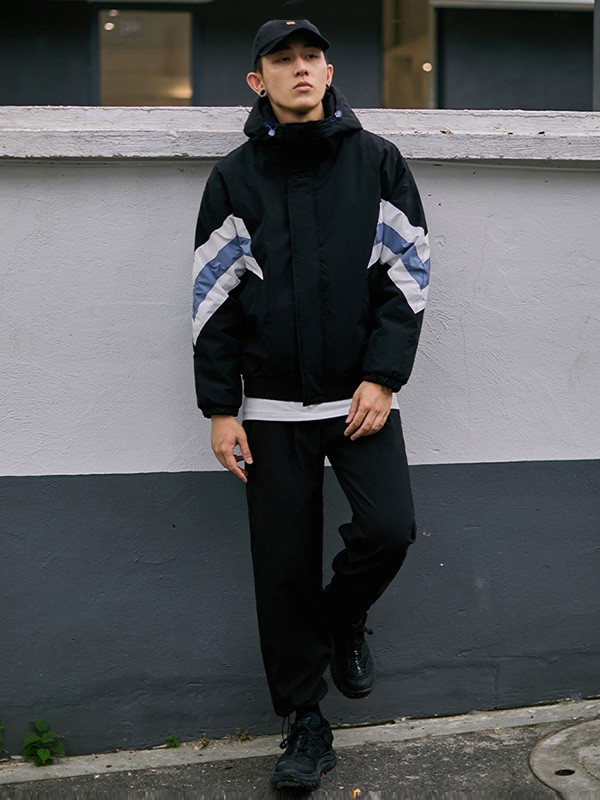 抹茶故事男装2020秋冬季黑色撞色外套