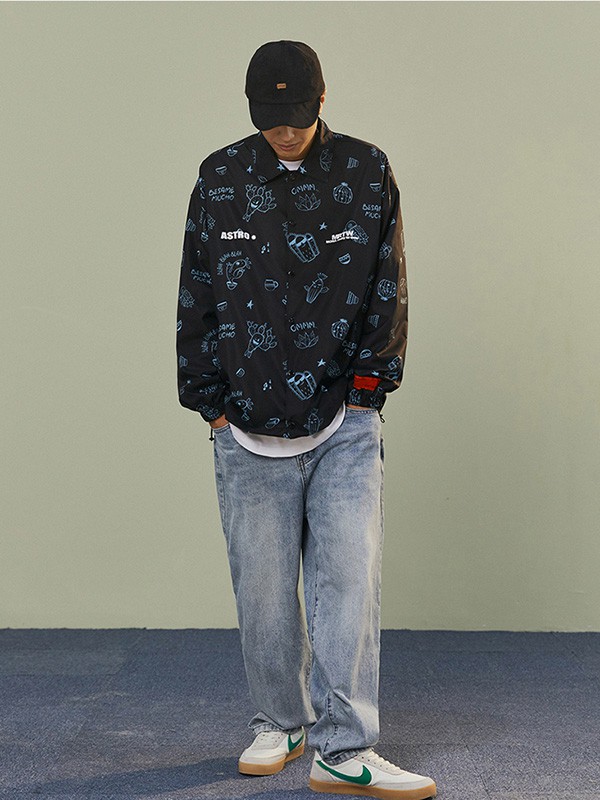 抹茶故事男装2020秋冬季黑色印花衬衫