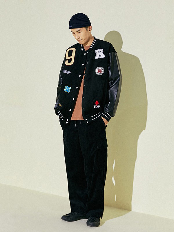 抹茶故事男装2020秋冬季黑色贴布外套