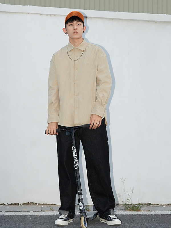 抹茶故事男装2020秋冬季米色纯色衬衫
