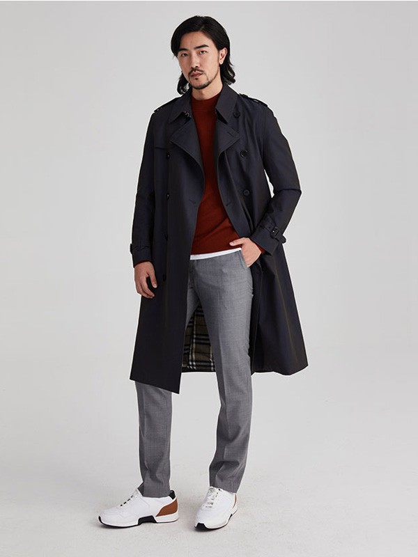 HANY男装2020秋冬季黑色纯色风衣