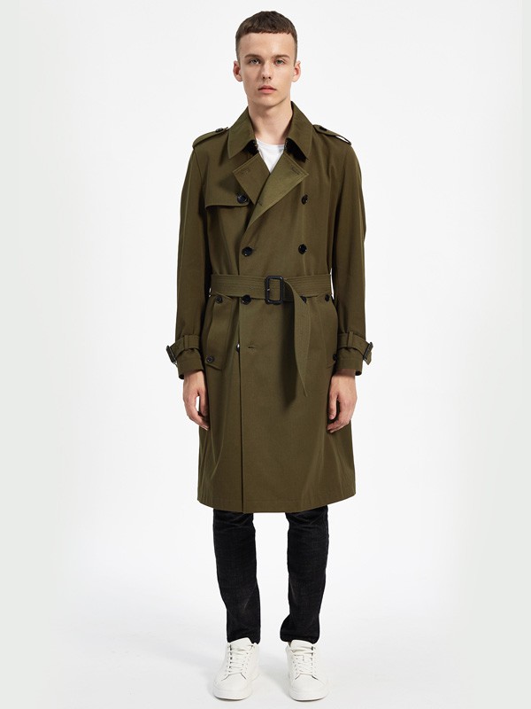 HANY男装2020秋冬季军绿色纯色风衣