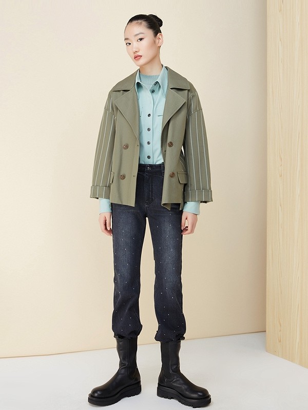 荷高2020秋冬季绿色条纹外套