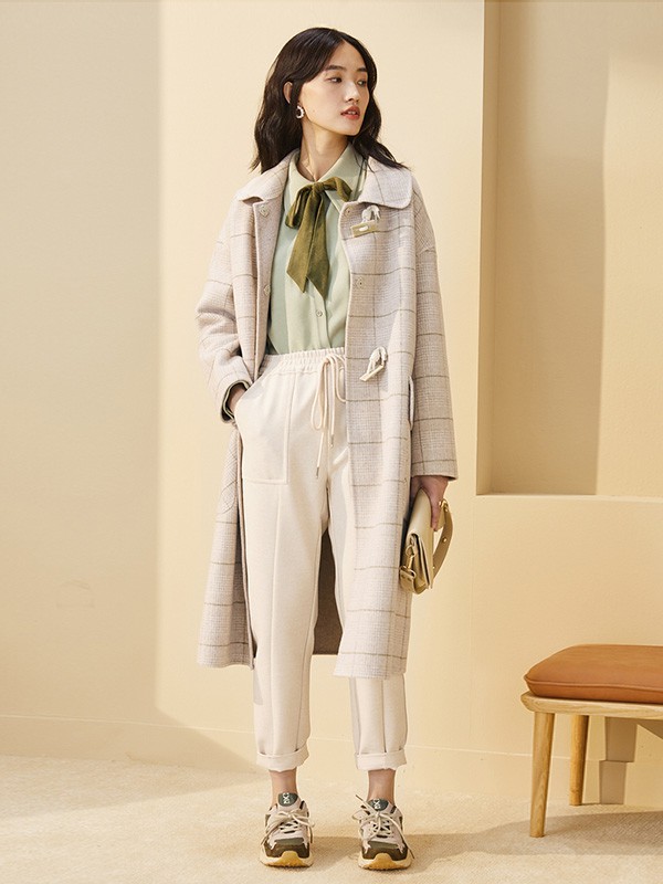 紫淑2020秋冬季米色格子大衣