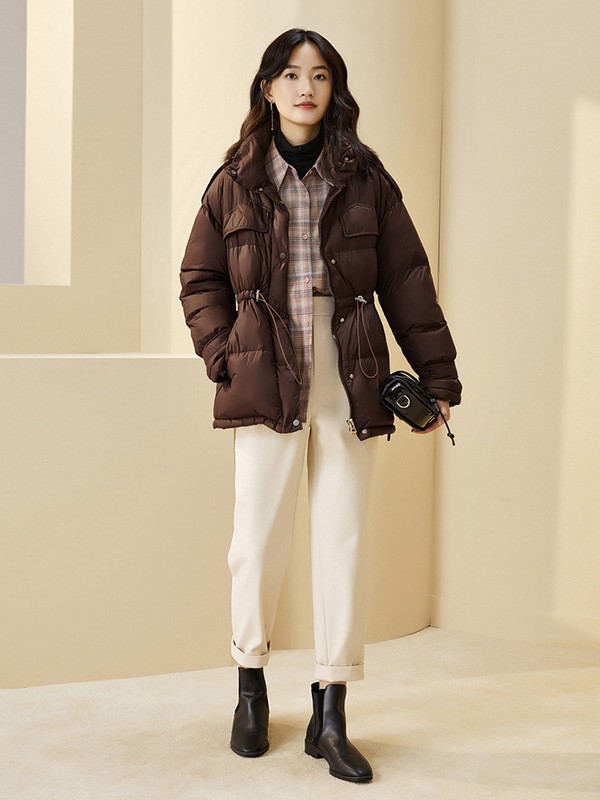 紫淑女装2020秋冬季棕色收腰羽绒服
