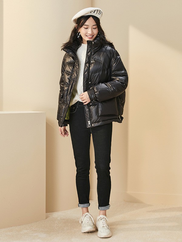 紫淑女装2020秋冬季黑色宽松羽绒服