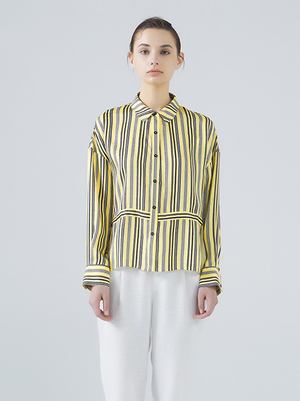 弄影2020秋冬季绿色条纹衬衫