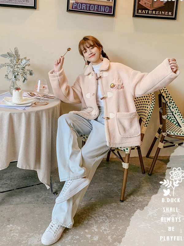 小黄鸭休闲装2020秋冬季米色纯色外套