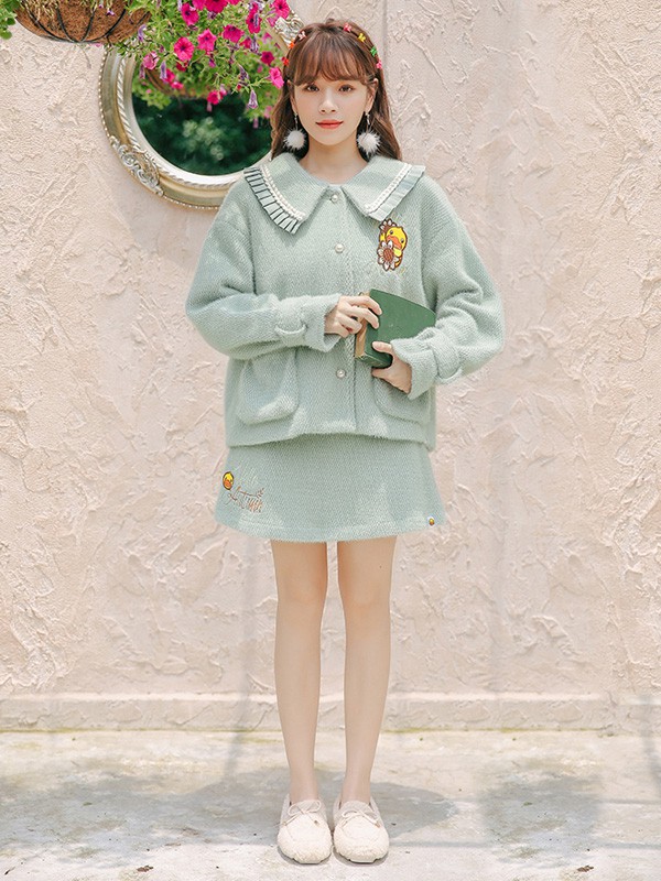 小黄鸭休闲装2020秋冬季绿色纯色套装