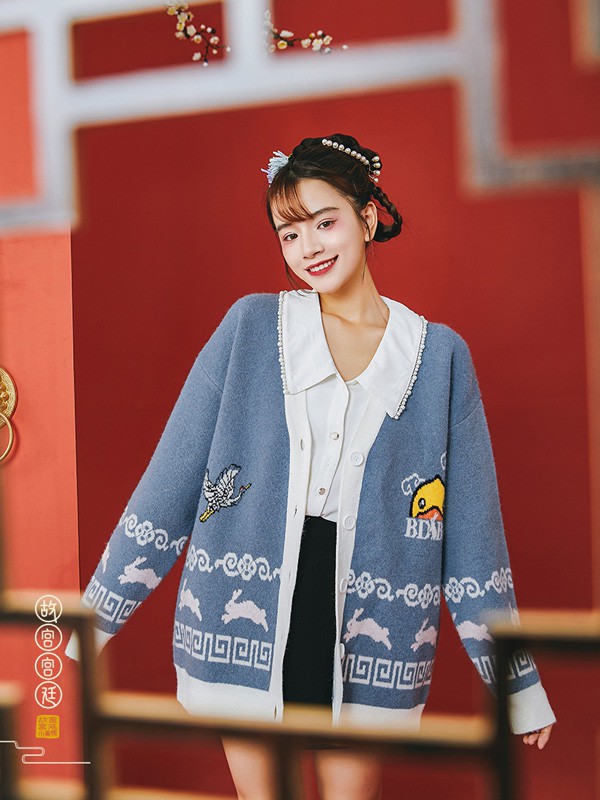 小黄鸭休闲装2020秋冬季蓝色印花外套