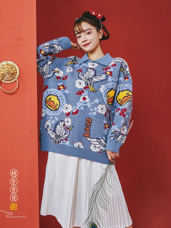 小黄鸭休闲装2020秋冬季蓝色印花毛衣