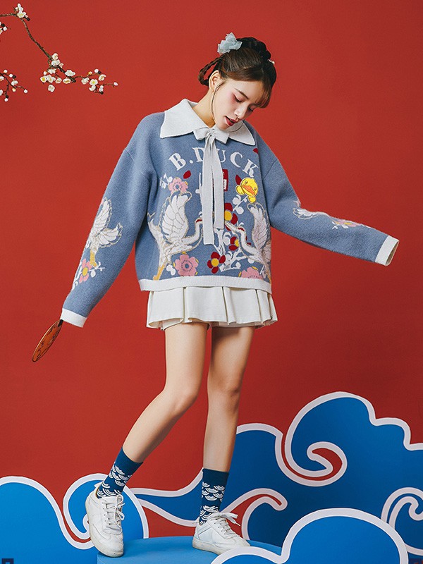 小黄鸭休闲装2020秋冬季蓝色印花毛衣