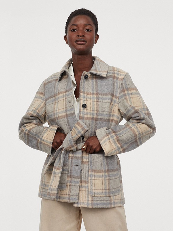 HM2020秋冬季莫兰迪色系格子大衣